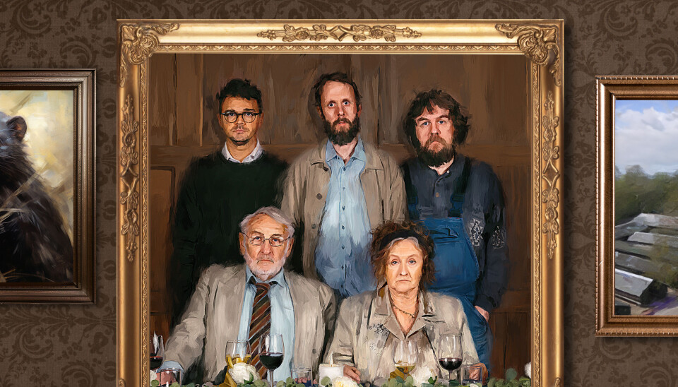 Key art for 'Minkavlerne IV'. Jakob (Ruben Søltoft), Niller (Niels Hausgaard), Martin (Kasper Gross), Gerda (Kirsten Lehfeldt) og Allan (Jonas Mogensen).