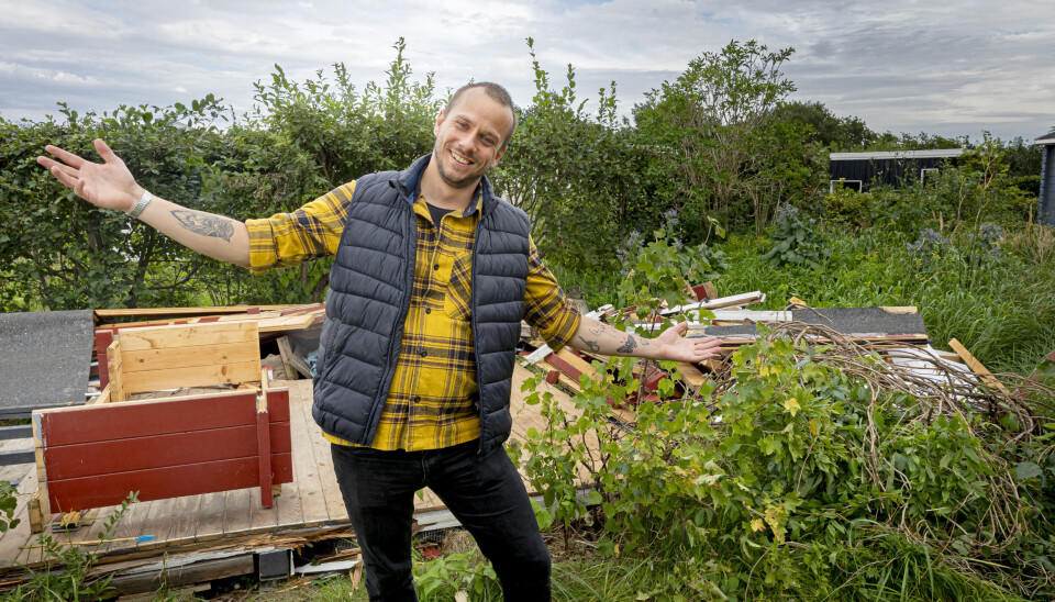 Lige nu ligger et
sammenfaldet
hus i nyttehaven, som skal
ryddes til fordel
for ærteranker
og bede