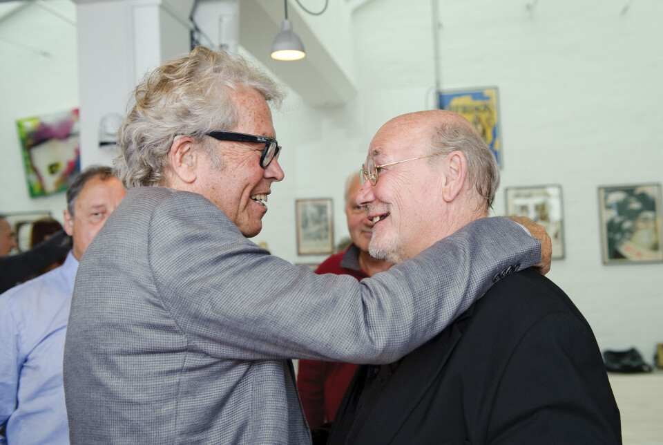 Jørgen Leth og Jørn Mader ved Leths 75-års fødselsdag i 2012.