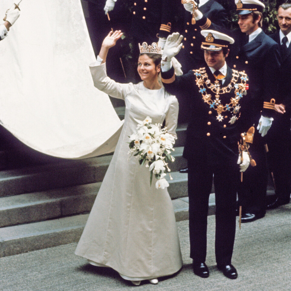 Dronning Silvia og kong Carl Gustaf blev viet i Stockholm Storkyrka 19. juni 1976.