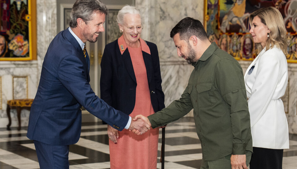Kong Frederik, 55, og dronning Margrethe, 83, med det ukrainske præsidentpar, Volodymyr Zelenskyj , 46, og Jelena Zelenska, 46, på Amalienborg.