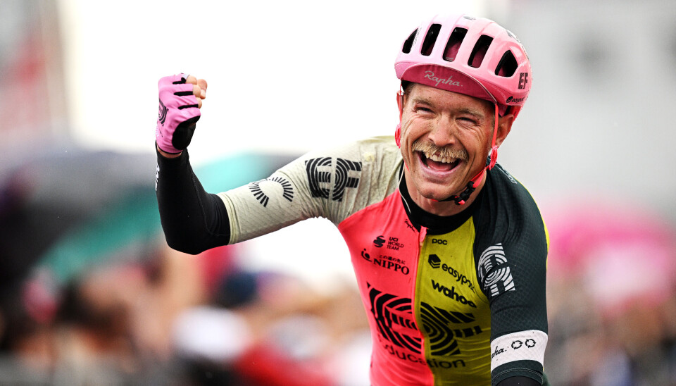 Magnus Cort of Denmark and Team EF Education-EasyPost celebrates at finish line as stage winner during the 106th Giro d'Italia 2023