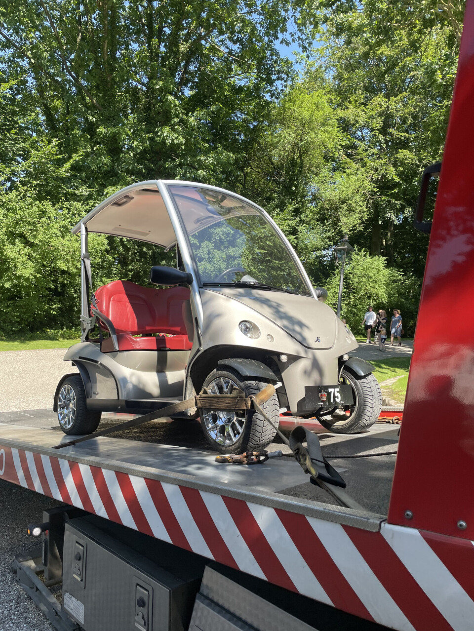 Golfvognen, Krone 75, bruger dronningen flittigt til at komme rundt i de store slotshaver. Hun sidder dog aldrig selv bag rattet, men overlader det gerne til blandt andre prinsesse Benedikte.