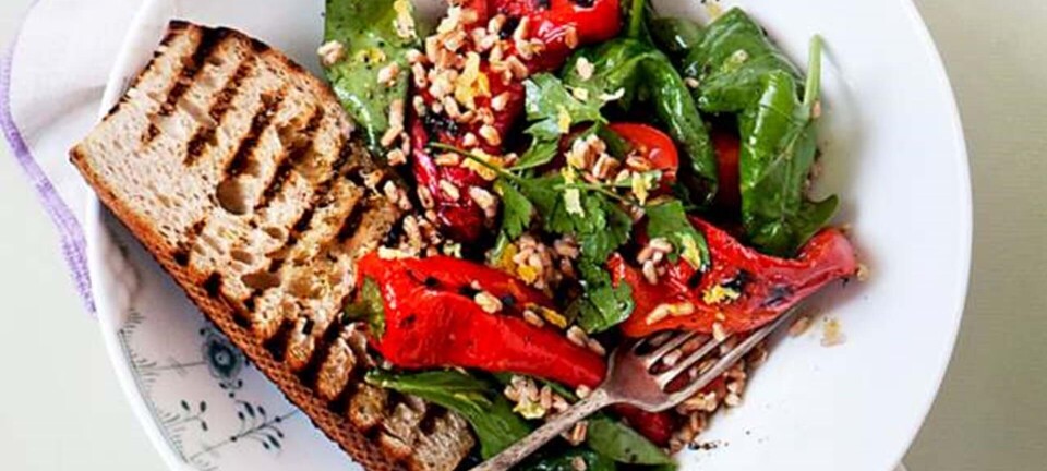 Grillsalat med rød peber, perlespelt og citrondressing