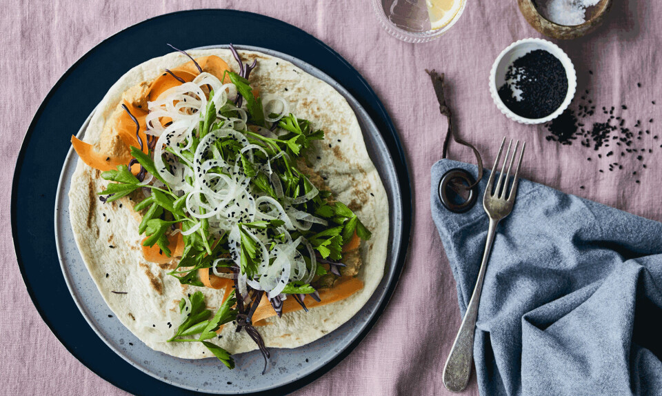 Fladbrød med hummus og løgsalat
