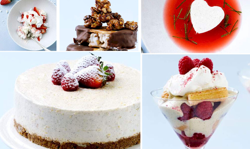 Opskrifter på Eaton Mess, Vanilje-citroncheesecake, trifli, issandwich & kold rabarbersuppe.