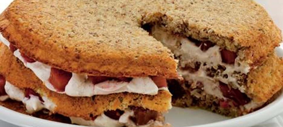 Rugbrødslagkage med rabarber og kanelcreme