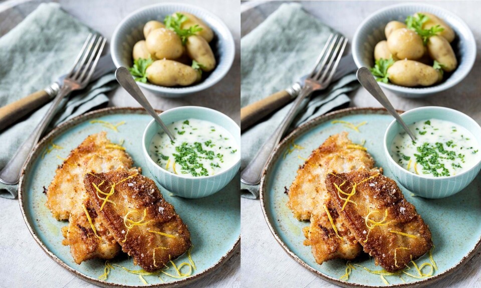 Paneret flæsk med citron-persillesovs
