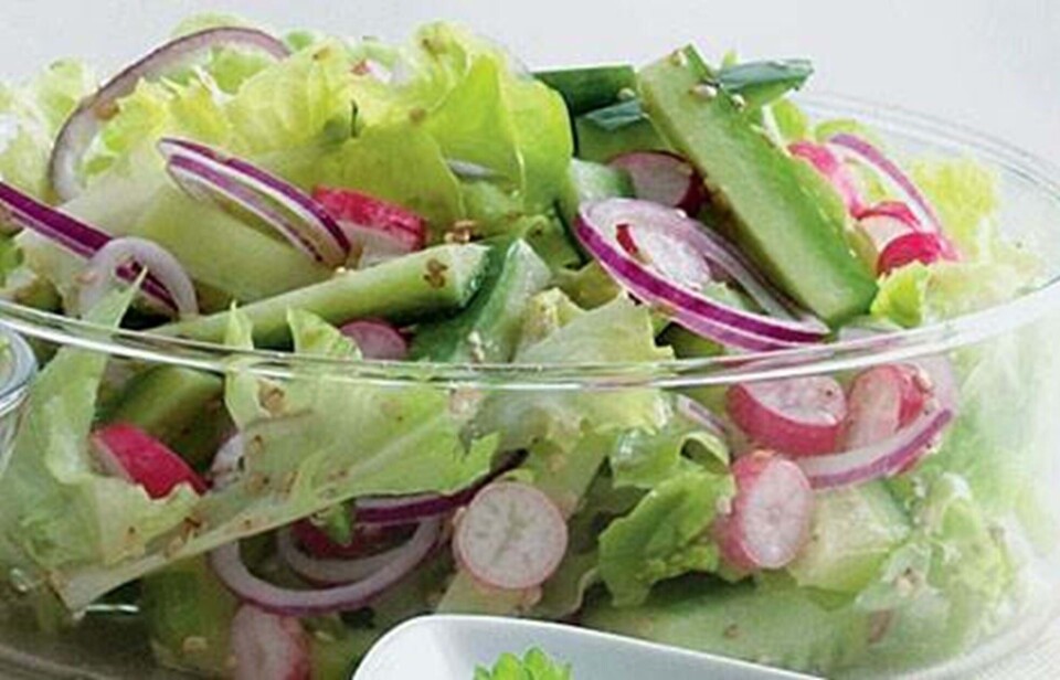 Blandet salat med agurk og sesamfrø
