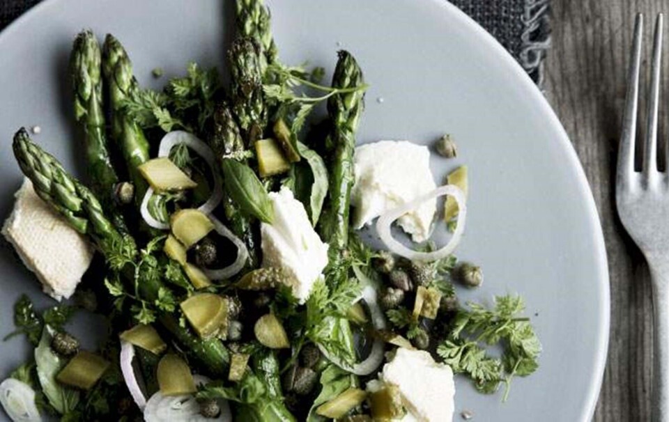 Grillede grønne asparges med vinaigrette og hytteost