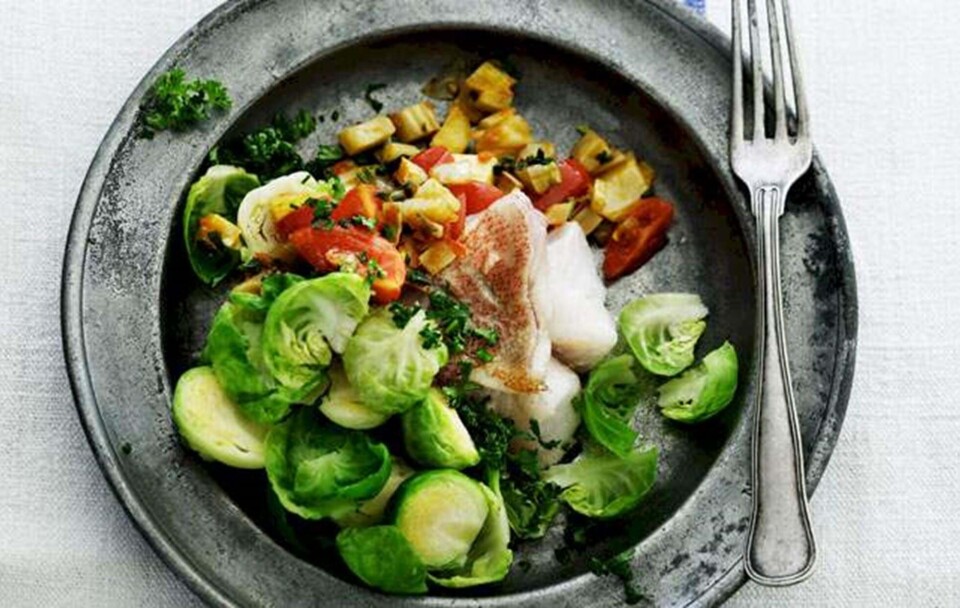 Opskrift på rosenkål med stegt rødfisk og æbler