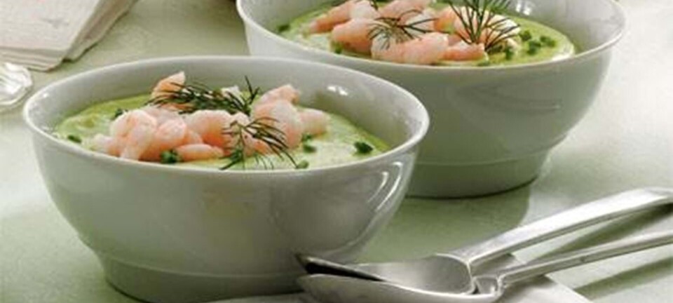 Kold avocadosuppe med rejer og kuvertboller