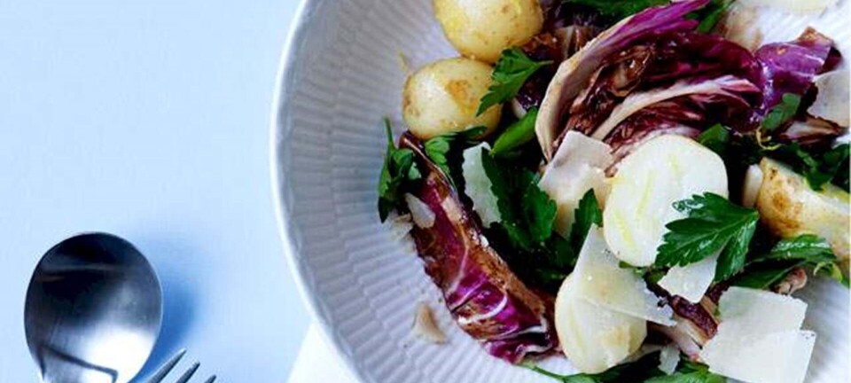 Stegt radisciosalat med balsamico, parmesan og nye kartofler