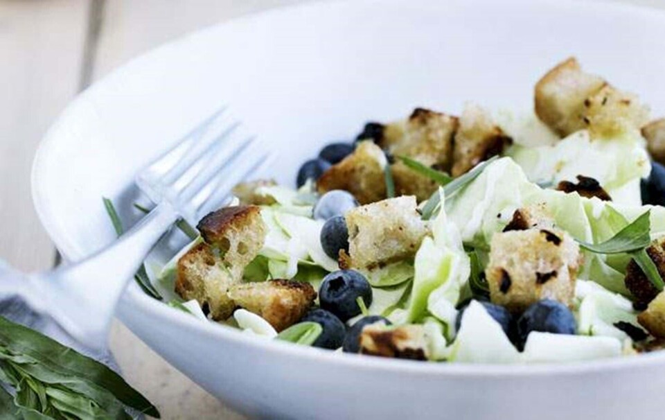Spidskål med citrondressing, croutoner og blåbær