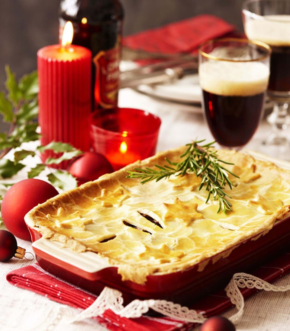 Pie med øl, oksebryst og rodfrugter