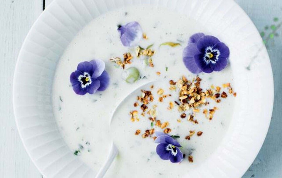 Stikkelsbærkoldskål med knas og sommerblomster