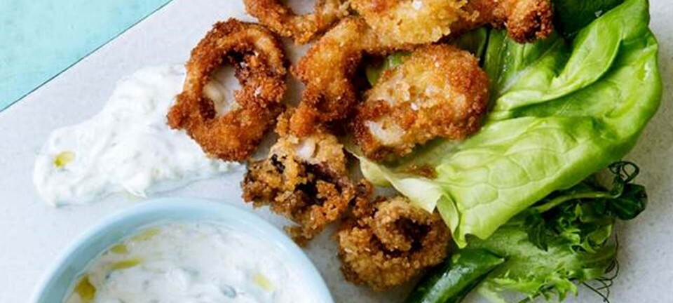 Stegte blæksprutter med tzatziki og salat