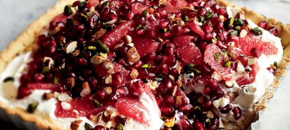 Tærte med granatæble, pistacier og blodgrape