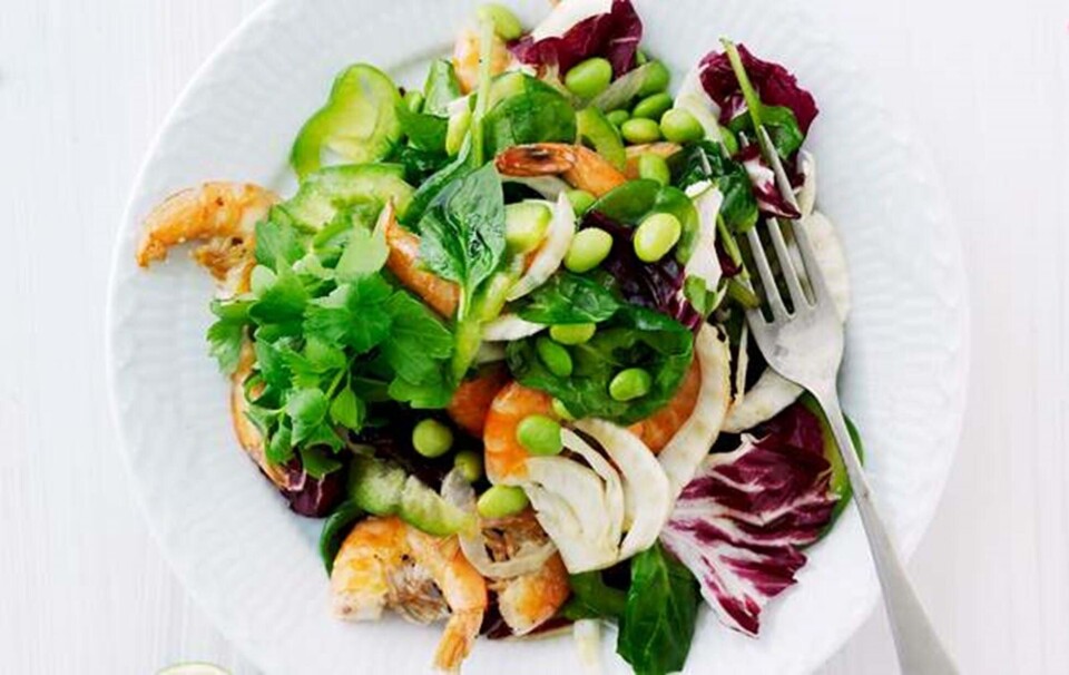 Salat med edamamebønner og rejer
