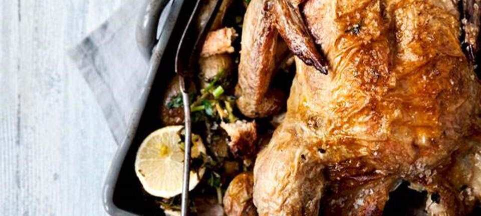 Hel citronstegt kylling med coleslaw og kartofler i ovnen
