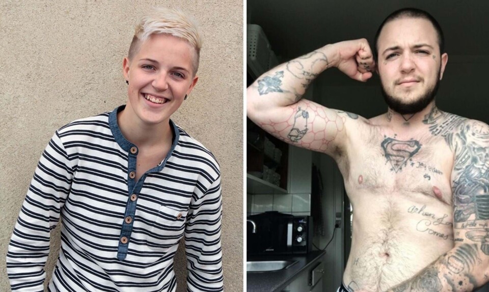 Billede 1 - Noah, da han var med i x-factor og hed Sarah ved siden af et billede af, hvordan Noah ser ud nu.