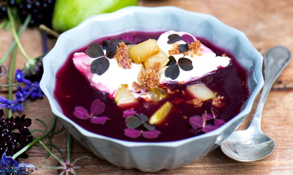 Hyldebærsuppe med sukkerstegte brødkrummer og pæretern