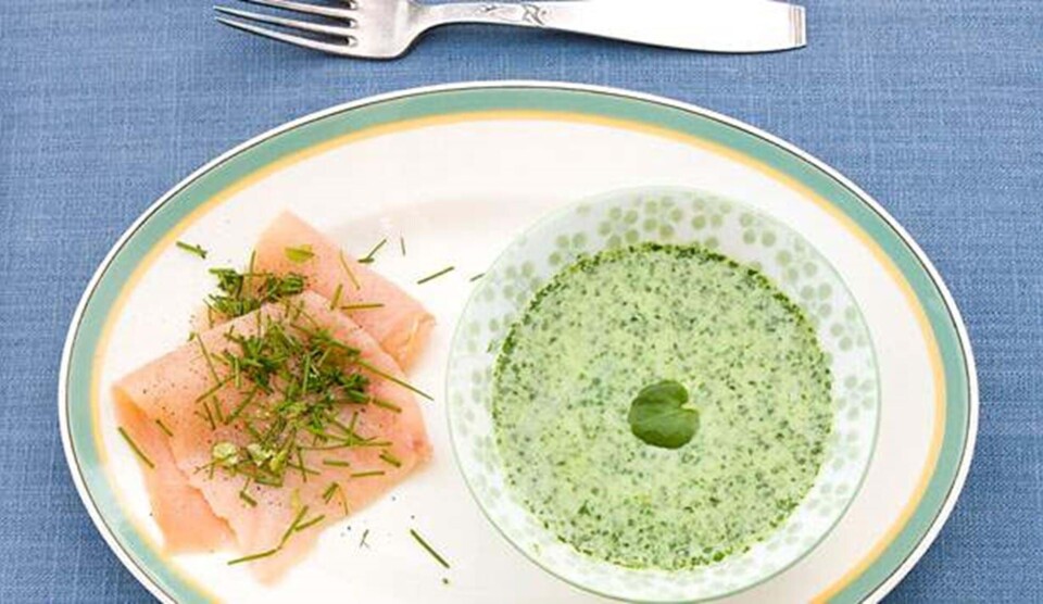 Opskrift på brøndkarsesuppe med kokos og røget laks