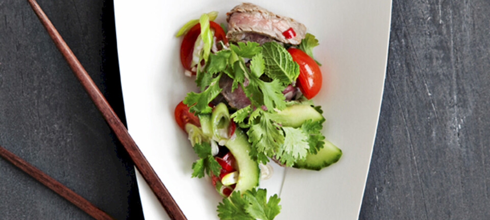 Thai-oksekødsalat med sprødt, grønt og lime