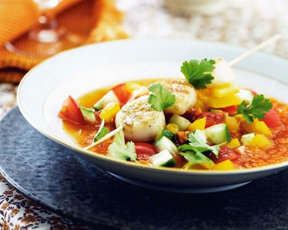 Orange gazpachosuppe med grillede kammuslinger