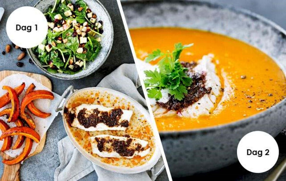 Mad til 2 dage: Bagt græskar med pestofisk og spinatsalat & Græskarsuppe