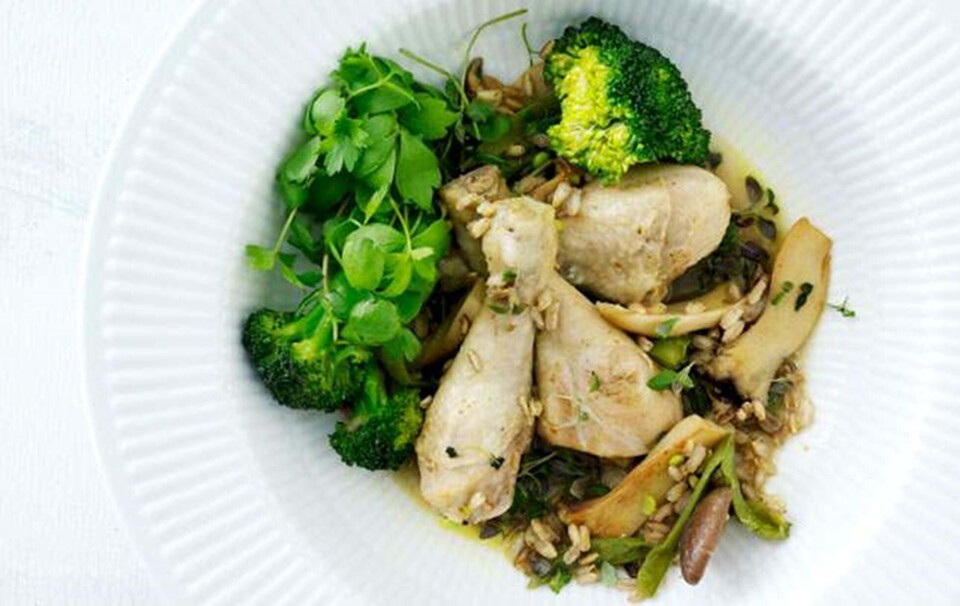 Kyllingelår med korn og broccoli