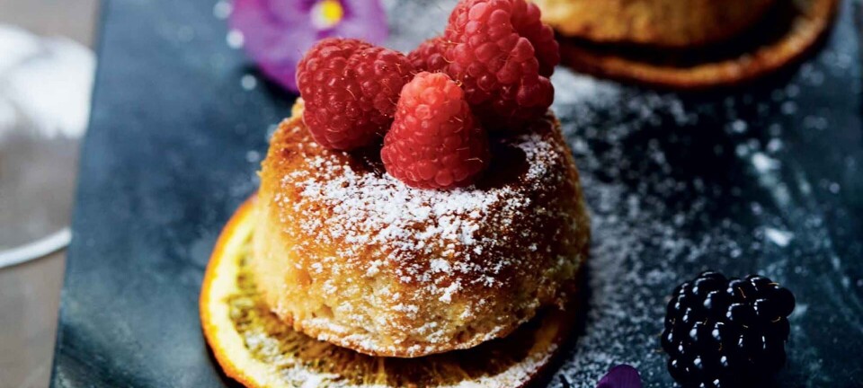 Mandelkager med appelsinchips og hindbær