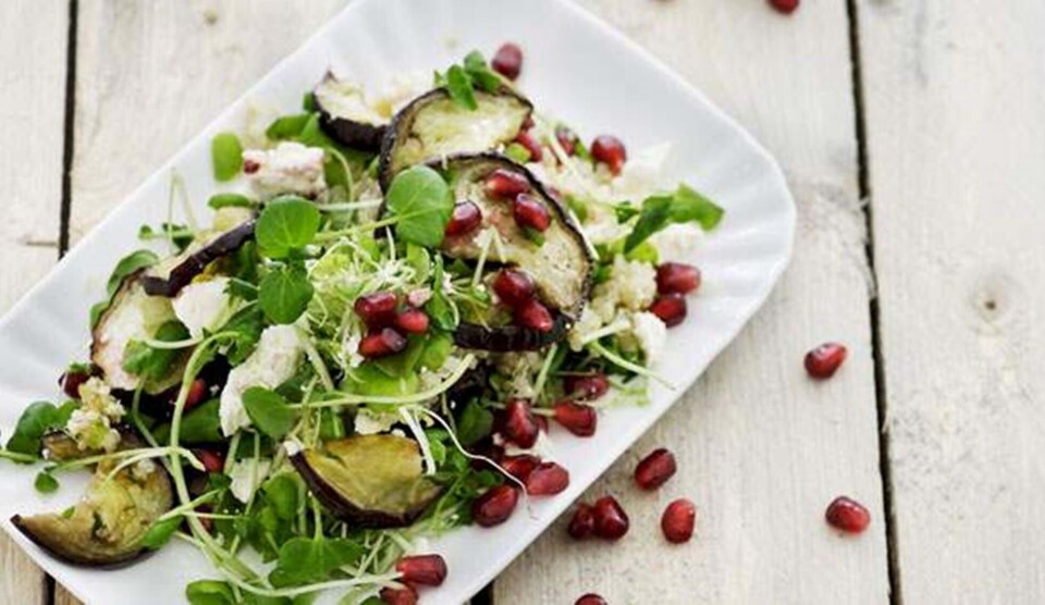 Opskrift på sprød brøndkarse med bagte auberginer, granatæble, quinoa og gedefeta