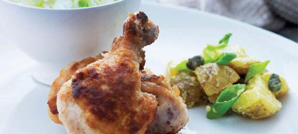 Fried chicken med råkost og kartoffelsalat