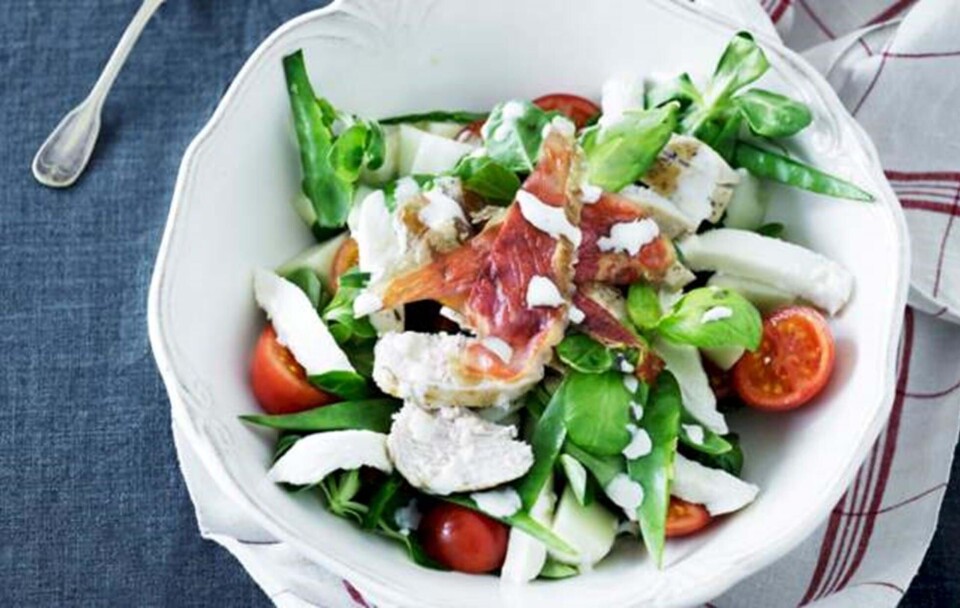Opskrift på frisk sommersalat med kylling og mormordressing