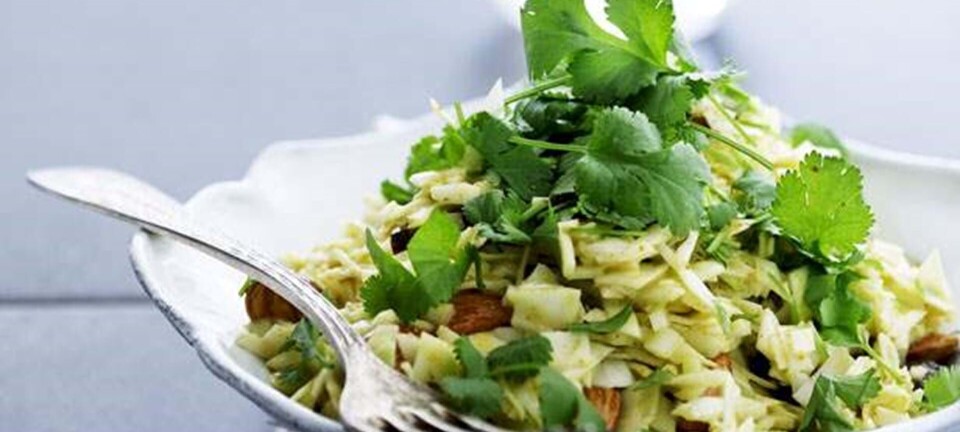 Salat med hvidkål, abrikoser, mandler og karry-dressing