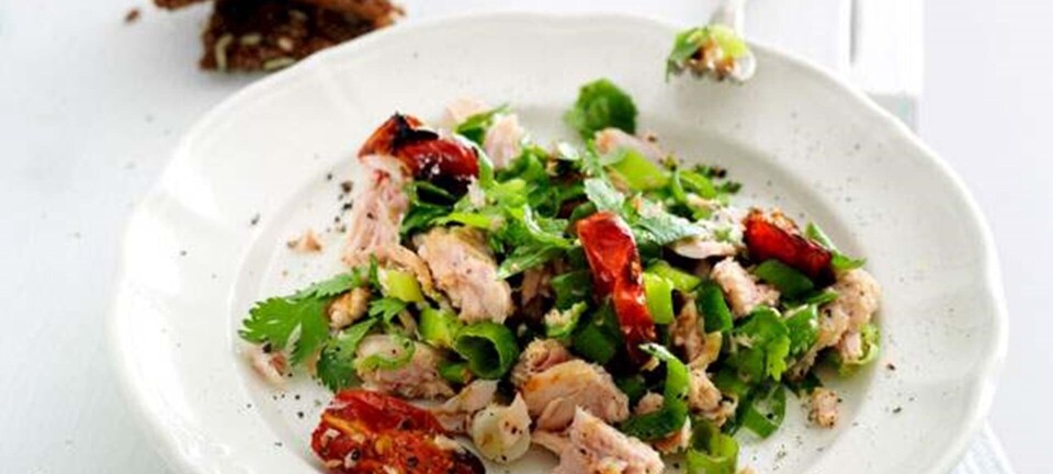 Sådan laver du tunsalat med koriander og halvbagte tomater