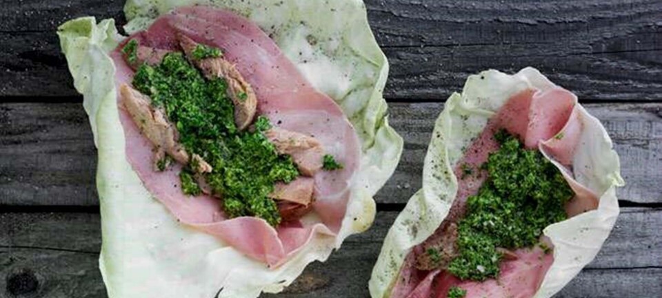 Kålwrap med tun, pesto og øko-skinke