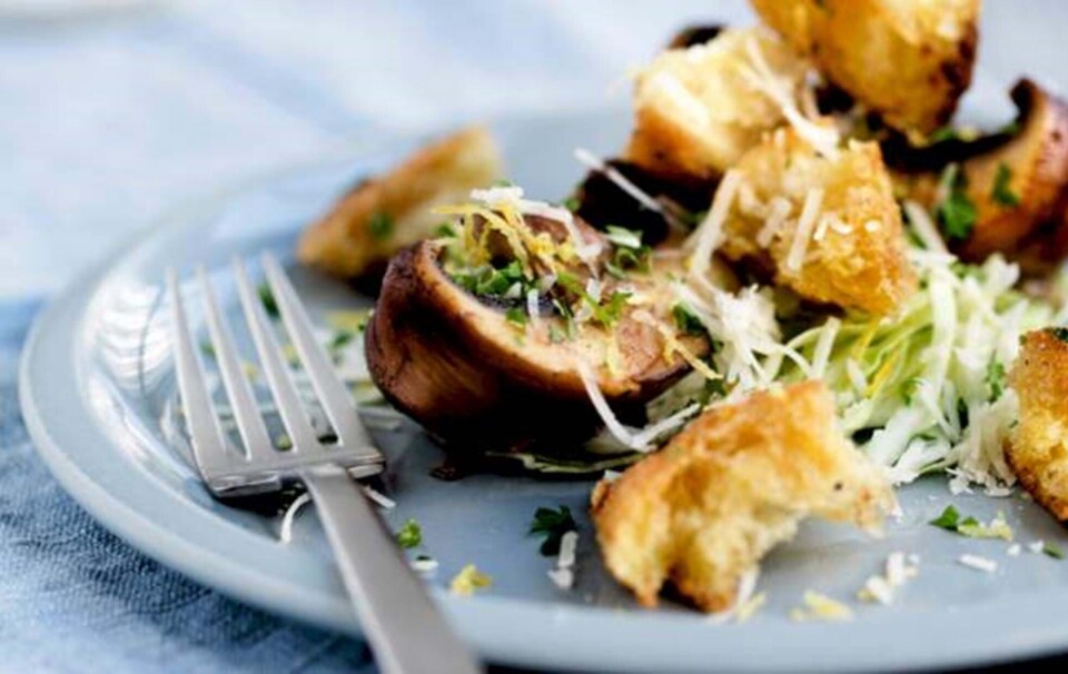 Portobellosalat med persille, parmesan og spidskål