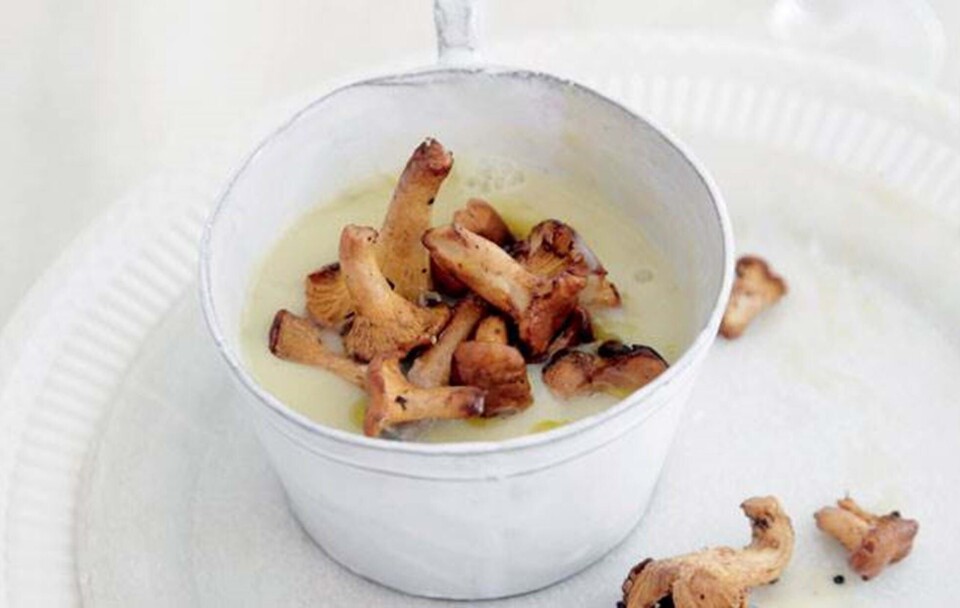 Jordskokkesuppe med trøffelolie og kantareller