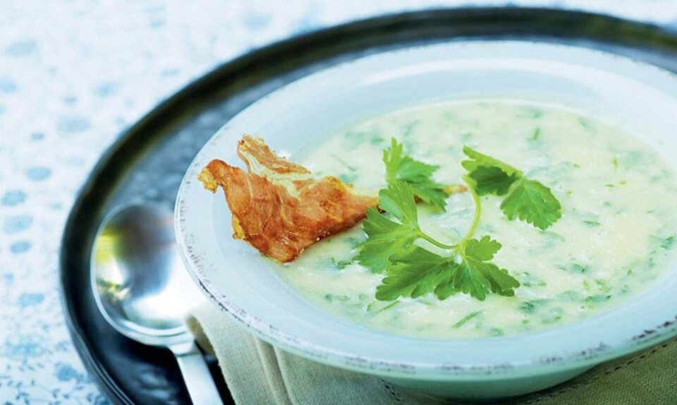 Kartoffelsuppe med persille og sprød spegeskinke
