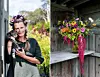 1. Rikke med en kælen gæst i blomstermarken. Hun oplever stor interesse for at dyrke og arbejde med økologiske blomster til kranse og buketter, og hun afholder kurser i det hele 2. En buket fra Brede havekiosk afspejler Rikke Lentz’ forkærlighed for blomster i alle farver og former.