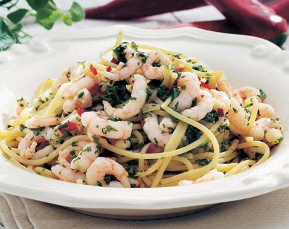 Spaghetti med rejer og hvidløg