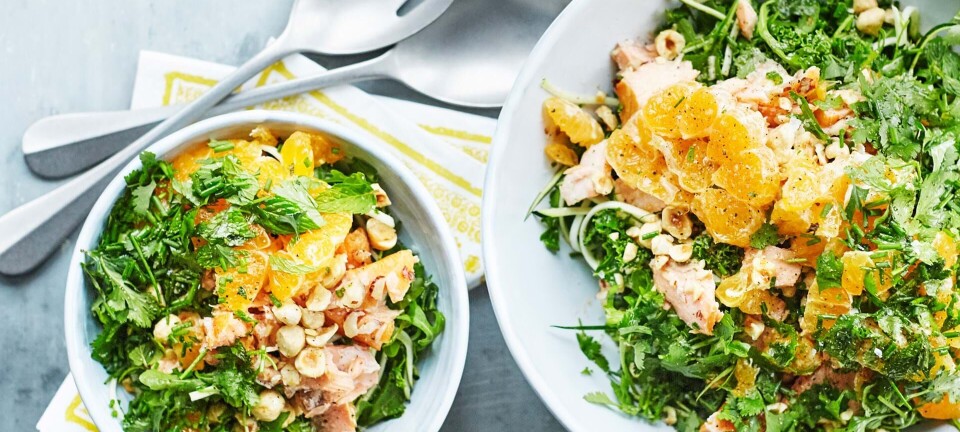 Salat med varmrøget laks og klementiner