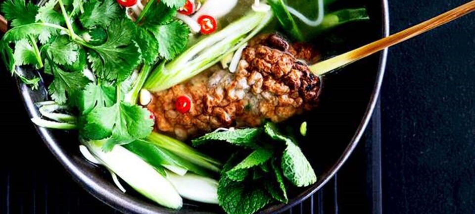 Nudelsuppe med svinekøds-citrongræsspyd