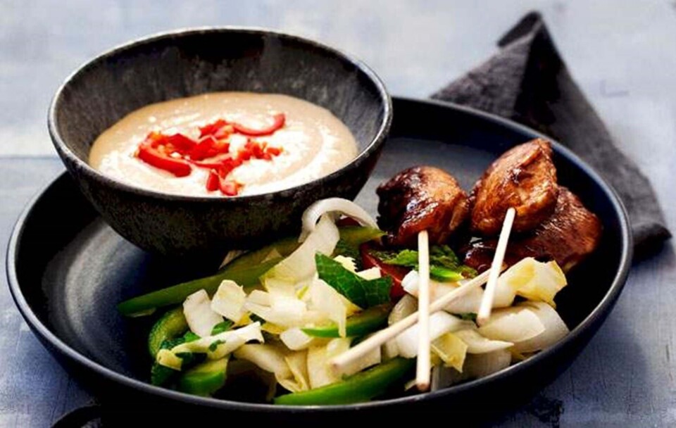 Opskrift på sataykylling med peanutdressing og frisk salat
