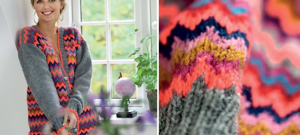 Strik selv: Multifarvet frakke i zigzagmĂžnster