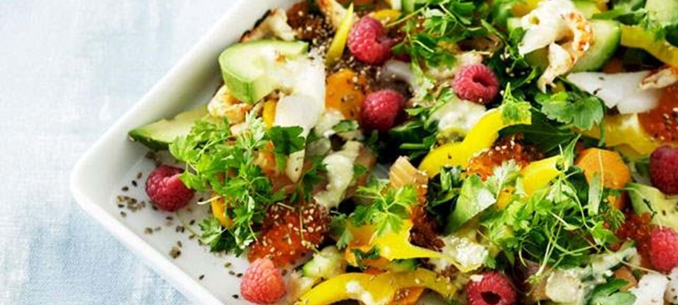 Sashimisalat: Salat med laks, hellefisk og krebs