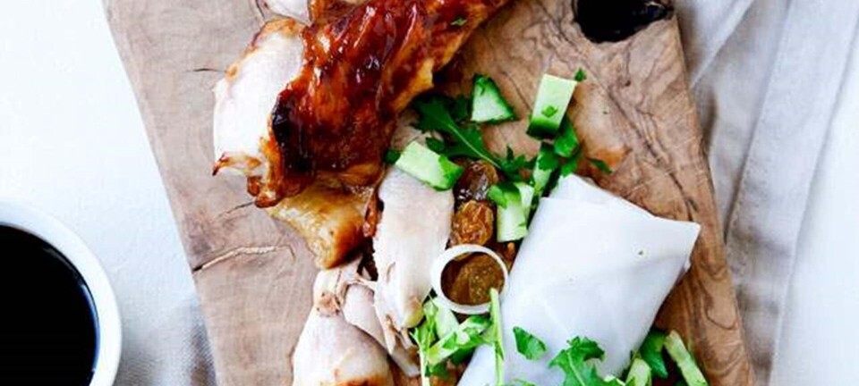 Peking kylling i rispandekager med agurk-myntesalat