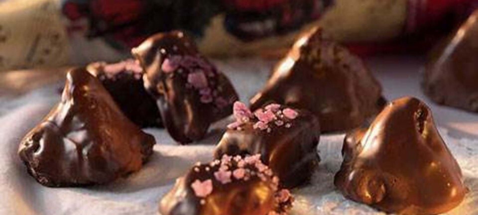 Orangetoppe med mælkechokolade og Øl-marcipan med kandiserede violer